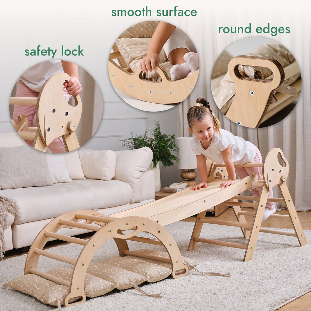 4-in-1 Kletterset für Kleinkinder: Pikler-Dreieck + Kletterbogen + Rutschbrett + Kissen - “Gebraucht – Wie neu”
