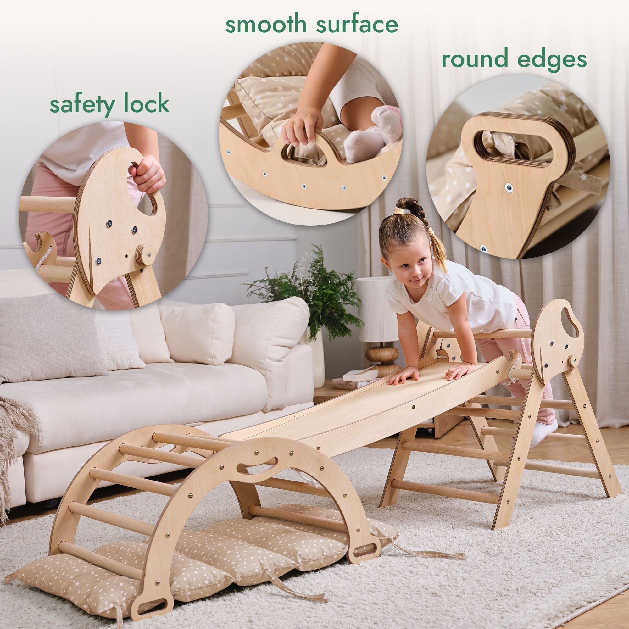 4-in-1 Kletterset für Kleinkinder: Pikler-Dreieck + Kletterbogen + Rutschbrett + Kissen - “Gebraucht – Wie neu”