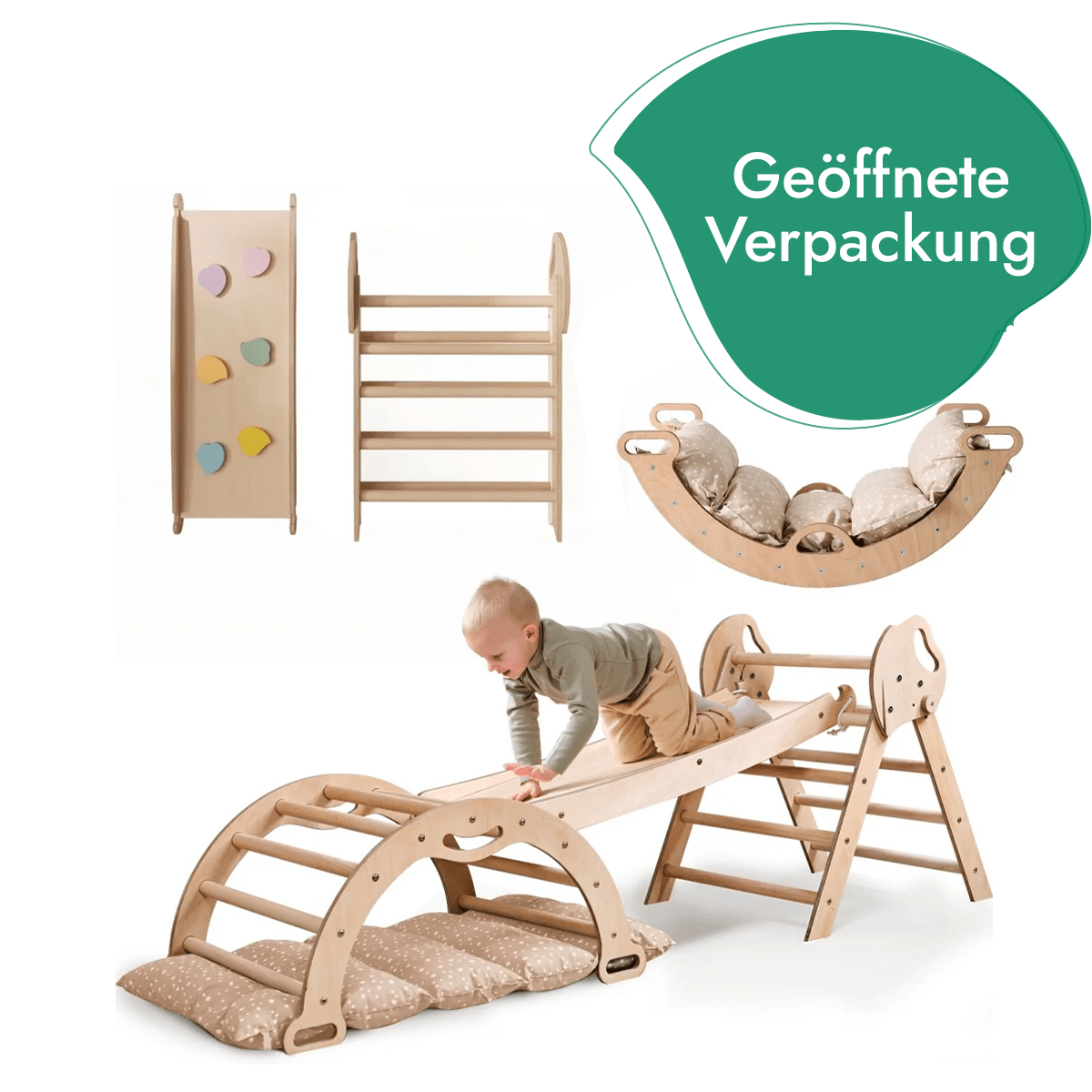 4-in-1 Kletterset für Kleinkinder: Pikler-Dreieck + Kletterbogen + Rutschbrett + Kissen - “Gebraucht – Wie neu”