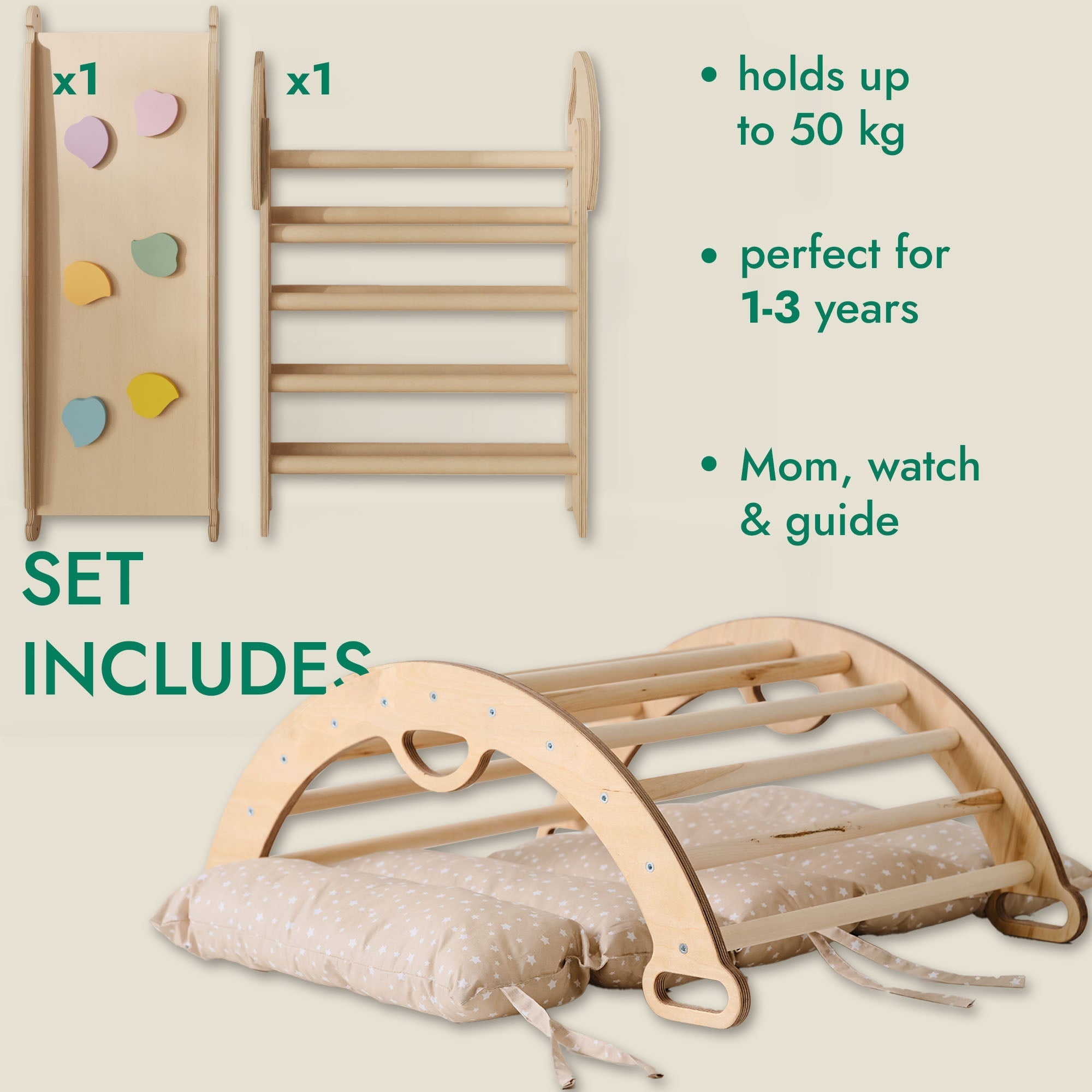 4-in-1 Kletterset für Kleinkinder: Pikler-Dreieck + Kletterbogen + Rutschbrett + Kissen - “Gebraucht – Wie neu”
