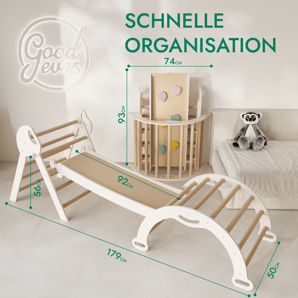 4-in-1 Kletterset für Kleinkinder: Pikler-Dreieck + Kletterbogen + Rutschbrett + Kissen - “Gebraucht – Wie neu”